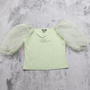 Vivid Top Womens L Green Sheer Swiss Dot Puff Sleeves Crop Stretch Whimsycore